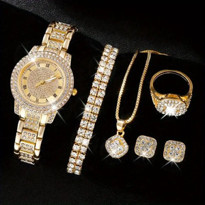 Reloj de Mujer en Oferta, Juego de Joyería de Cinco Piezas con Incrustaciones de Diamantes, Reloj de Cuarzo Romano Moderno CD134 - Product Image 2