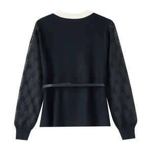 Atasan Rajut Wanita Kerah Renda Putih Kontras, Sweater Lengan Panjang Berbahan Mesh Motif Bunga Dengan Sabuk Berhias Berlian Imitasi Kamelia, Blus Rajut Elegan Untuk Wanita - Product Image 4