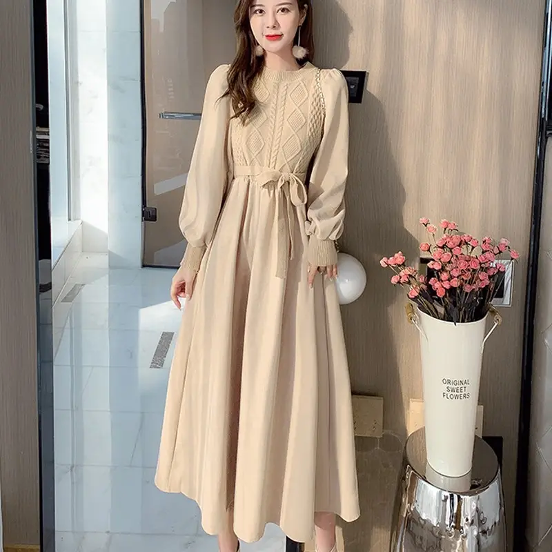 فساتين السيدات الكورية أنيق عارضة الشيفون محبوك فستان مكتب الخريف خمر طويلة الأكمام الحياكة حزب اللباس