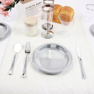 Assiettes rondes en plastique PS de 7'', 9'', 10.25'' pour salade, dessert, dîner, service, plateau de présentation, rouge, or, argent, pour la table - Product Image 1