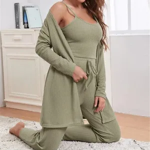 2024 Hot Selling European and American Homewear Halter Top Trousers Robe Pajamas Women&#39;s Waffle Knit Three Sets