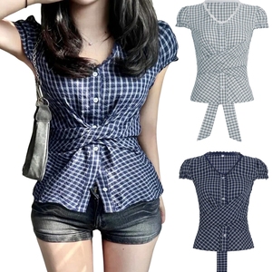 Blusa Retro de Manga Corta a Cuadros para Mujer, Verano 2025, Estilo Vintage, con Botones, Tejida, Informal, con Plumas y Logotipo Frontal - Product Image 1