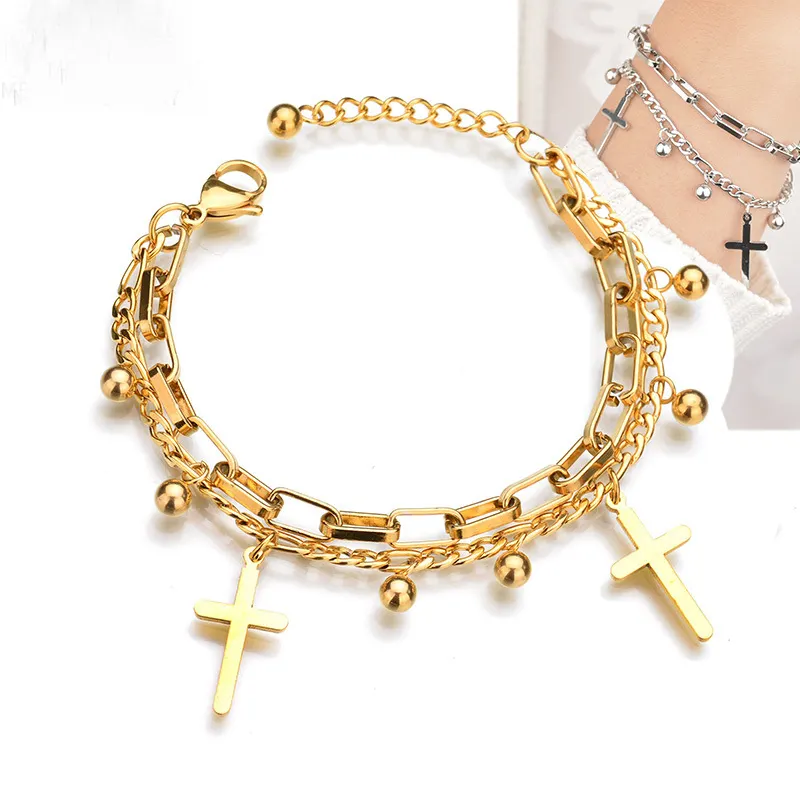 Groothandel Roestvrij Stalen Armband In Goud En Zilver Kleur Diy Stijl Classic Cross Charm Armband Voor Vrouwen 2021 Nieuwe Sieraden