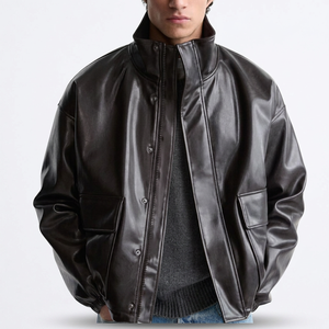 Custom Men'<b>s</b> Fashion Dark Brown Oversized PU Leather <b>Jackets</b> Baggy Buttons And Zipper Closure Bomber Casual Mens <b>Jacket</b> - Product Image 3