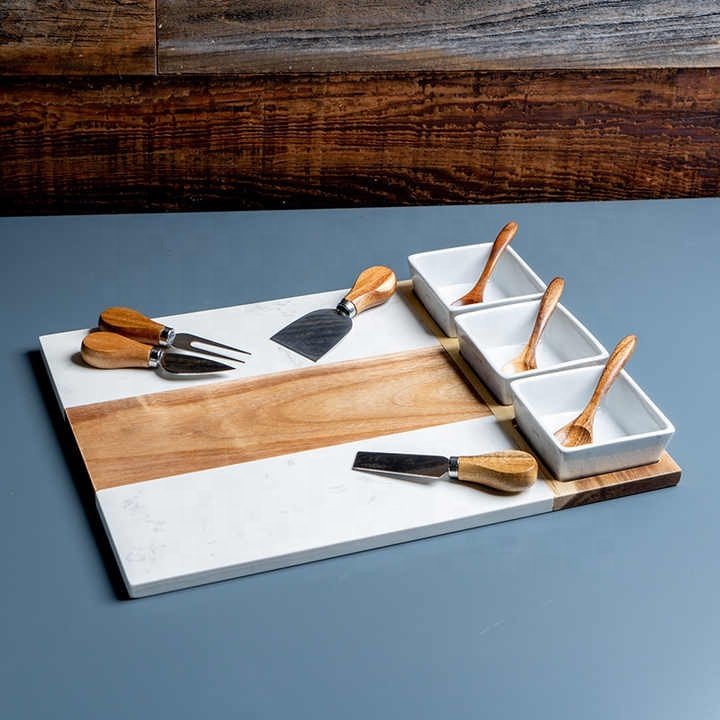 Factory Marble Acacia Wooden Charcuterie Cheese Board With 3 Ceramic Bowl Cheese Board Set Charcuterie Serving Platter · image 3