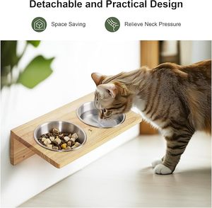 Étagères murales pour chat <span class=keywords><strong>FUKUMARU</strong></span>, station de nourriture avec 2 marches, perchoir en bois de caoutchouc massif - Product Image 5