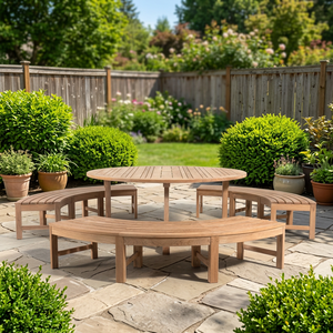 Meubles de jardin en teck minimalistes modernes, 3 bancs incurvés et table de pique-nique circulaire - Product Image 2