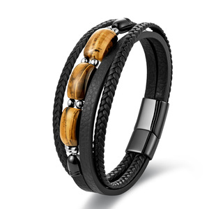 Pulsera de Cuero con Piedra Ojo de Tigre Amarillo Natural para Hombre, Brazalete de Cuero Trenzado de Doble Capa con Cierre Magnético de Acero Inoxidable - Product Image 5