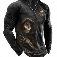 Chemise Henley à manches longues pour homme, style vintage européen-américain, col en V, motif crâne, sept boutons, tissu imitation coton