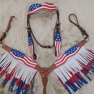 Nouveau patriotique USA drapeau en cuir véritable léger ensemble complet anglais selle cheval tack tête poitrine plaque selles saisonnières - Product Image 1