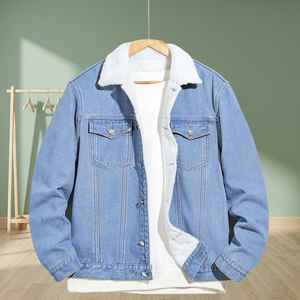 Blouson moto tissé bleu clair pour homme avec doublure en fausse fourrure, col montant, décontracté, coupe classique, effet délavé, pour l'automne - Product Image 5