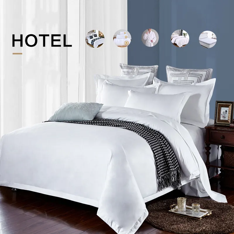 Grosir Ukuran King 100% Katun Kustom Putih Spa Hotel Linen Datar dan Dipasang Mewah Duvet Cover Set Seprai Seprai Set Tempat Tidur