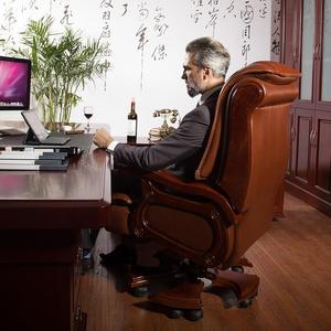 High End Solid Wood Cowhide Leather Reclining Gas Lift boss Office Chair with Massage and Footrest - Product Image 3