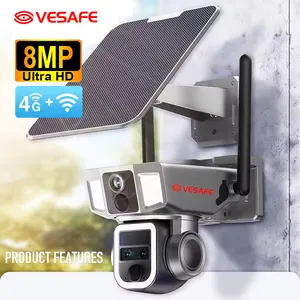 Vesafe ngoài trời 4MP + 4MP 8MP ống kính kép 10x Zoom 4G 2K 360 độ thẻ Sim Wifi năng lượng mặt trời an ninh máy ảnh PTZ CCTV Camera