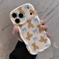 Coque de téléphone motif ours mignon et nœud crème pour iPhone 16 15 14 13 12 17 Pro 18 Pro Max, coque antichoc à bords ondulés, étui arrière