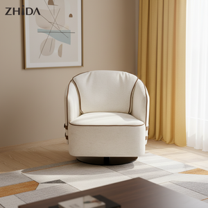 Fauteuil de salon individuel de luxe nordique en mélange coton-lin, chaise de détente moderne à dossier haut avec base métallique rotative - Product Image 1