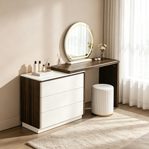 Ensemble de coiffeuse en bois blanc avec miroir LED rond, coffre de rangement, base verticale cannelée dorée, tabouret et bureau de maquillage extensible pour chambre à coucher - Product Image 5
