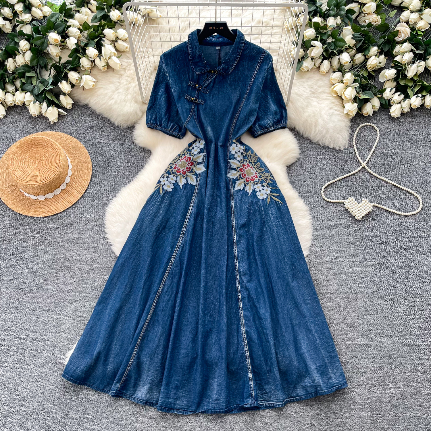 embroidery casual denim dress Summer Baby Kids Girls Denim Short Sleeves Flowers Pattern Embroidered –  MyKids-USA® main image 1