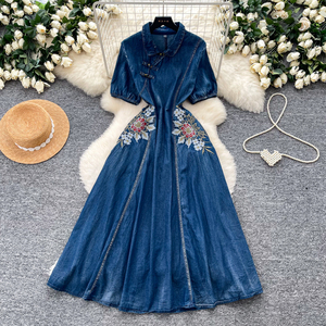 denim dress with embroidery Embroidered Floral Denim Dress
