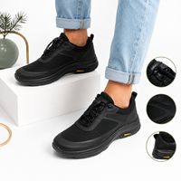 Chaussures décontractées pour hommes, basses, noires, en maille, à lacets élastiques avec fermeture à bouton-pression, semelle épaisse, inserts jaunes et languettes de traction