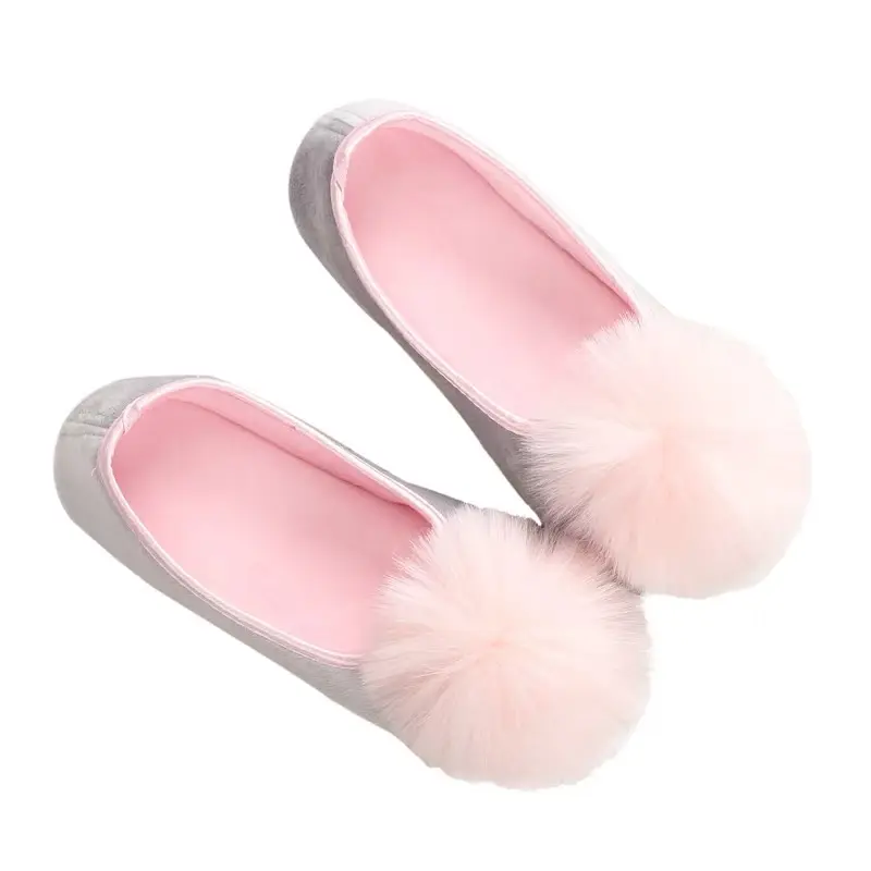 Cute pompon soft plush shoes TPR sole home shoes Korea style ladies relax indoor shoes