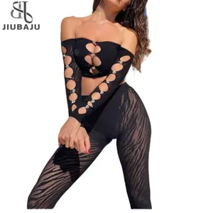 See Through Sexy Two Piece Set Women Off Shoulder Hollow Out Full Sleeve Tops+Striped Skinny Pants Female Lingerie Outfits