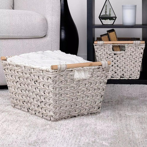 Rattan <b>Storage</b> <b>Basket</b> Rectangle Grayish White With Wooden Handle For Clothing Toy Fruit Snack <b>Storage</b> - Product Image 2