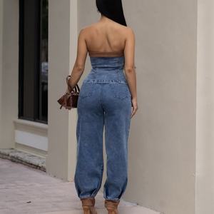 Nouveaux ensembles décontractés en jean sans bretelles avec détails en cuir, automne-hiver, pour femme, haut court à simple boutonnage et pantalon long, ensemble deux pièces en jean - Product Image 2