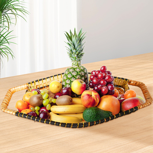 Toparts Plateau en osier tressé fait main, style artisanal folklorique indien, en forme de bateau, avec poignée, pour cuisine, maison, fruits et pain, Earth Day - Product Image 2