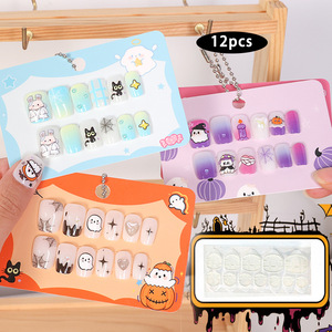 Faux ongles à presser 12 pièces, forme cercueil moyenne, en gelée, motif dessin animé Halloween, motif circulaire, pour enfants - Product Image 1