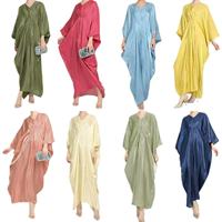 Robe longue arabe à col en V, taille à cordon, manches chauve-souris, vêtement islamique, caftan ample en polyester métallisé, vente en gros, stock personnalisé