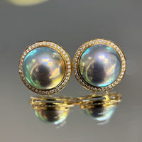 Perle naturelle Mabe de l'île Amami japonaise en or 18 carats, 14,25 mm, bleu ciel étoilé, style Princesse Diana, pour cadeau, collections de famille