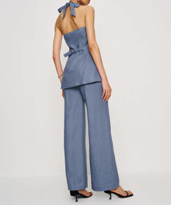 Conjunto de Dos Piezas de <span class=keywords><strong>Verano</strong></span> 2026 para <span class=keywords><strong>Mujer</strong></span>, Casual, Simple, Cuello en V, Chaleco sin Mangas y Top de <span class=keywords><strong>Lino</strong></span>, <span class=keywords><strong>Pantalones</strong></span> Anchos Holgados - Product Image 3