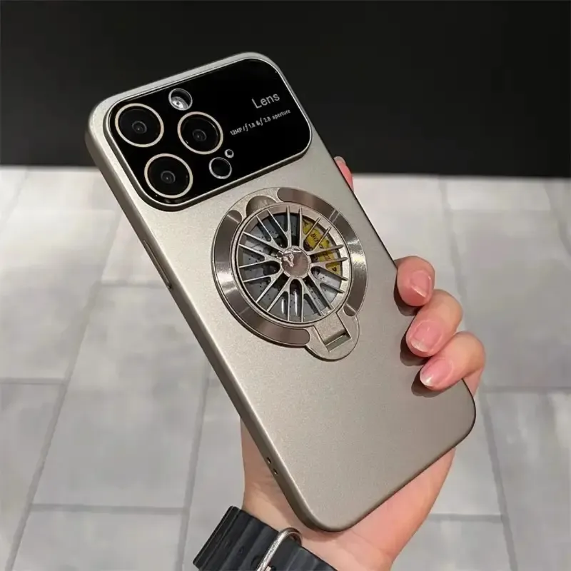 Diseñador Spinning Tops Soporte magnético Pc Estuche rígido mate para Iphone 15 Pro Max Cubierta de lente de cámara de vidrio Funda de teléfono con ventana grande