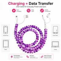 Câble de charge rapide USB multifonction 4-en-1 Y2K esthétique violet avec perles, accessoires de voiture tendance, cadeau, cordon Type C