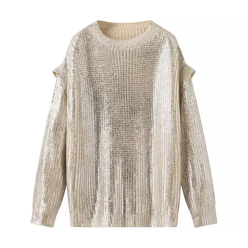 Pull décontracté à manches longues en tricot à col rond de couleur unie et imprimé d'aluminium pour femmes