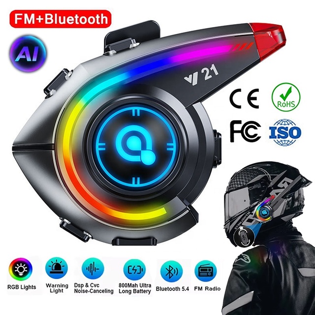 Y21 Motorcycle Helmet Bluetooth Headphone with Ai Voice Assistant & SOS Light IP6 Waterproof Moto Headset Support FM Radio Audio