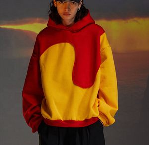 Wholesale American Mens Hoodie Red and Yellow Stitching Cropped Hoodie No Drawstring Sweatshirts Custom Color Block Hoodies - Product Image 3