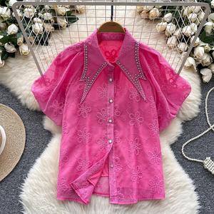 कस्टम महिलाओं के ब्लाउज और शर्ट लैपल डायमंड स्टड हुक फूलों की कढ़ाई शिफॉन बुलबुला आस्तीन शर्ट - Product Image 5