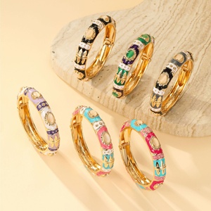 Wholesale Inlaid Cloisonne Enamel Alloy Wide Bangle Gold Plated Color Block Geometric Spring Hinged Bracelet Women Chinese - Product Image 2
