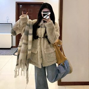 Women's Mid Length Shearling Coat Milk Apricot Color Faux Fur Winter Plush Top Slim Fit Outerwear - Product Image 4