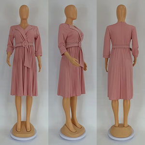 Zarif düz renk pilili Midi elbise artı boyutu kadınlar için afrika ofis bayan giyim yaz XL boyutu 2-Piece adedi - Product Image 6