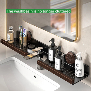 Étagère de salle de bain en bois de noyer à ventouse, sans perçage, amovible, murale, avec drain, organisateur de rangement pour vanité - Product Image 1