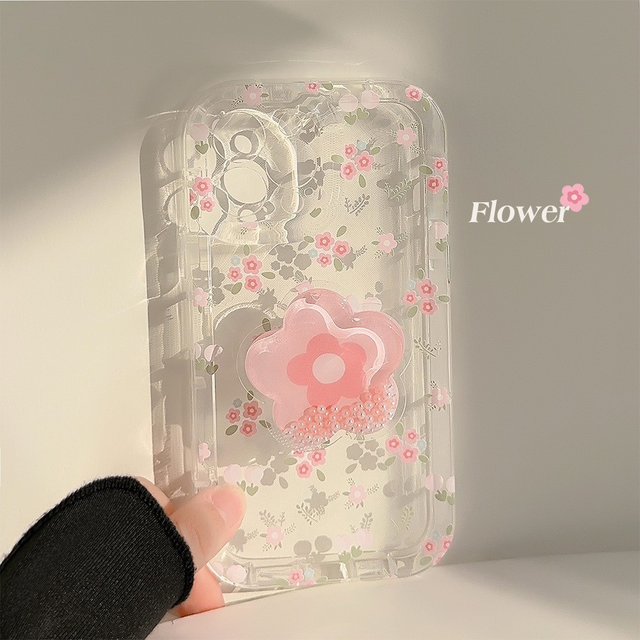 BAILI Factory Cute Quicksand Pink Flower Holder Phone Case for iphone 15 14 12 13 11 Pro INS Girl Stand Floral Clear Soft Cover