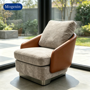 Retro Style Mixed Media <b>Armchair</b> Tufted Fabric Accent Chair with Leather Armrests for Home & Hotel Decor - Product Image 2