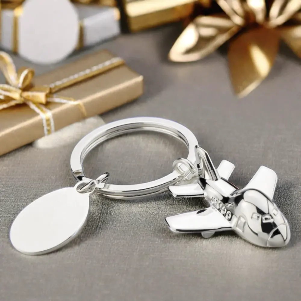 High Quality Silver Plated Metal Airplane Key chain 3D Plane Key holder Oval Engraving Plate Key ring for Promotional Gifts