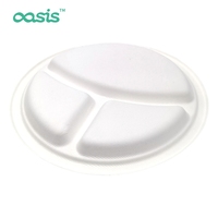 Plats de traiteur personnalisables de 9 pouces à 3 compartiments, résistants à la graisse, écologiques, en bagasse de canne à sucre, biodégradables, compostables, jetables