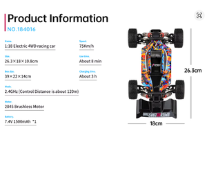 รถบังคับวิทยุ WLtoys 184016 ความเร็ว 75 กม./ชม. 2.4G ระบบ Brushless ขับเคลื่อน 4 ล้อ  รถแข่งออฟโรดความเร็วสูง  บังคับด้วยรีโมทคอนโทรล  ของเล่นดริฟท์  ขนาด 1/18 - Product Image 6