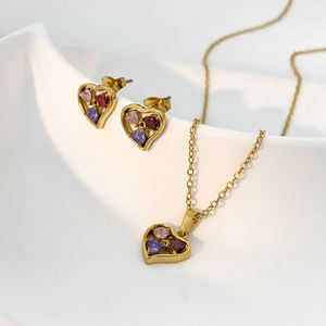 Collar de circón en forma de corazón con incrustaciones de colores mezclados explosivos, pendientes, conjunto de joyas chapadas en titanio de 18K - Product Image 1