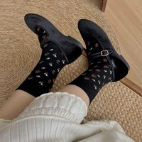 Chaussettes rétro romantiques pour femmes, détail nœud délicat et imprimé floral, douces, extensibles, confortables, décontractées et tendance